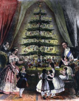 Color illustration of Queen Victoria and her family around a Christmas tree