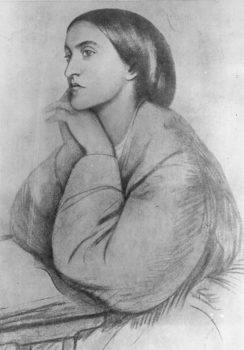 a pencil drawing of a woman sitting at a desk with her hands clutched together under her chin