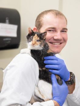 a photo of a smiling man in a lab coat and blue gloves holding a calico kitten with one eye