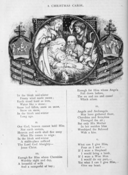a page from an old magazine showing an intricate illustration of the nativity above the printed verses of Rossetti's "A Christmas Carol," now known as "In The Bleak Midwinter"