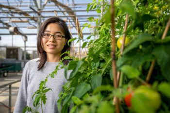 a photo of a smiling woman in glasses standing in a greenhouse next to a bunch of green, leafy plants.