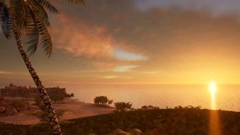 une image d'un paysage virtuel avec des palmiers, des rochers et de l'herbe.  Au loin, le soleil se couche dans un ciel nuageux, projetant un faisceau de lumière sur une étendue d'eau sans fin