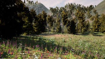 un'immagine di un paesaggio virtuale con un prato pieno di fiori, alberi e colline