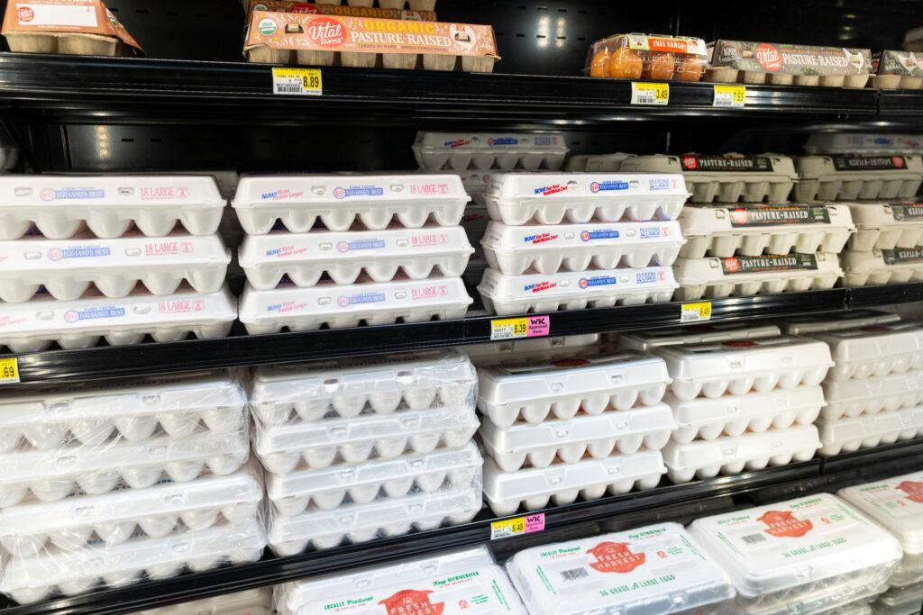 a photo of cartons of eggs on a shelf at the grocery store, with prices ranging from a little over 5 dollars a dozen up to almost 9 dollars a dozen
