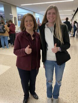 President Banks and Nicola Kallenbach, a high school junior who came to Aggieland Saturday with her parents to learn more about A&M's engineering programs.
