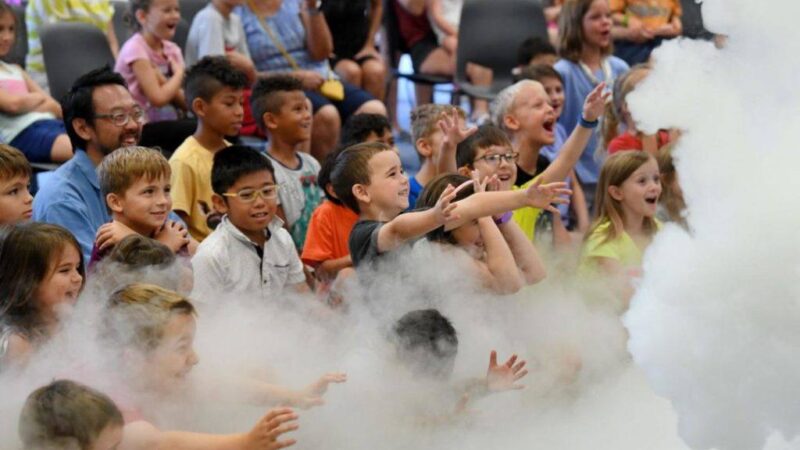 children in the audience during one of the science experiments at the Physics and Engineering Festival