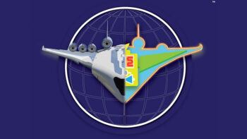 a graphic showing a plane on a blue globe backdrop, with half of the surface of the plane omitted to show a simple illustration of the equipment inside