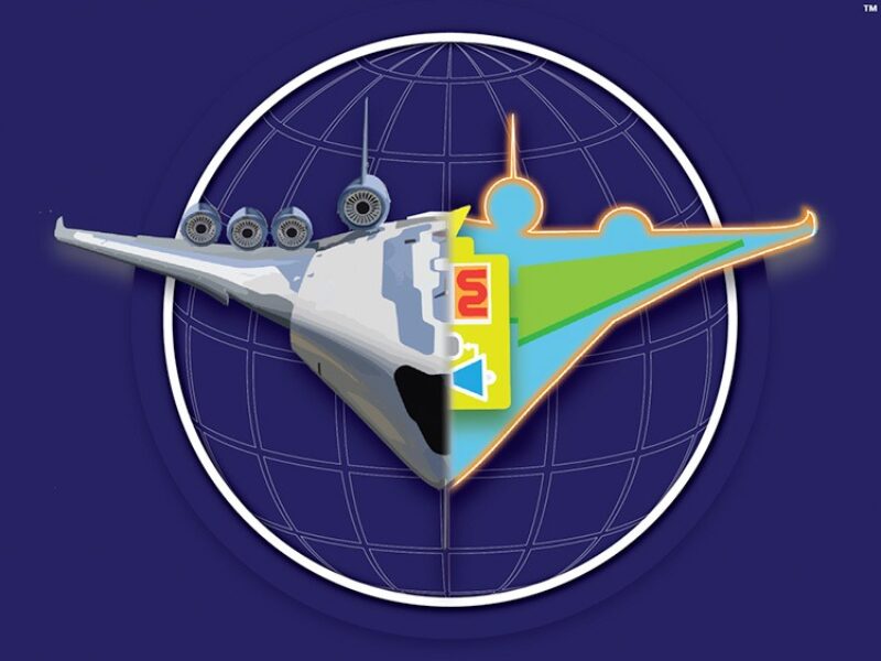 a graphic showing a plane on a blue globe backdrop, with half of the surface of the plane omitted to show a simple illustration of the equipment inside