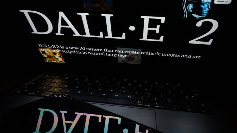 Photo illustration of the logo to Dall-E AI is open on a laptop screen