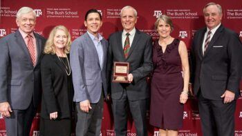 Associate professor of practice Rodney Boehm ‘78 (center), has been awarded the Inspiring the Spirit of Aggieland - The 41 Award, for his contributions to Texas A&M University. From left: Steve Vincent ‘73, Linda Vincent, interim dean of the College of Engineering Dr. John E. Hurtado, Rodney Boehm, Ann Boehm and General (Ret.) Mark A. Welsh III.