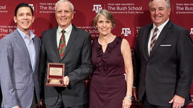 (l-r) Dean of the College of Engineering Dr. John E. Hurtado, Rodney Boehm, Ann Boehm and General (Ret.) Mark A. Welsh III.