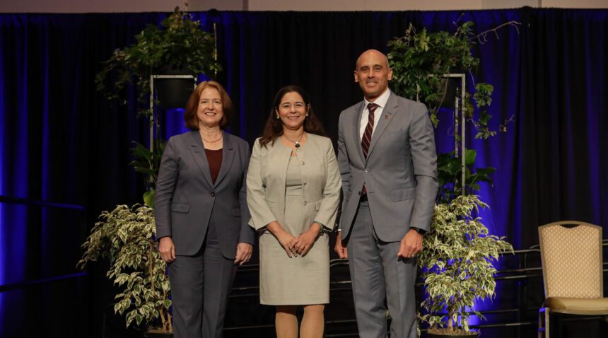 (l-r) Texas A&M President M. Katherine Banks, Professor of Law Luz E. Herrera and Tyson Voelkel '96, president of the Texas A&M Foundation