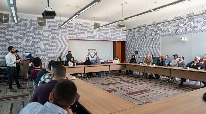 Texas A&M President Dr. M. Katherine Banks and other senior leaders from College Station meeting with current and former students, faculty and staff on the Qatar campus this spring.