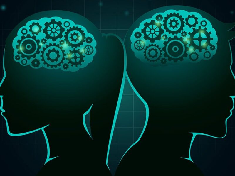 Illustrated silhouette of a man and woman with gears inside their brains facing opposite directions