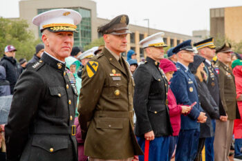 (far left) Gen. Eric Smith, USMC; and (second from left) Brig. Gen. Patrick R. Michaelis, USA (ret), commandant, Texas A&M Corps of Cadets. Smith served as the reviewing officer for the Corps Veterans Review on Nov. 19, 2022.