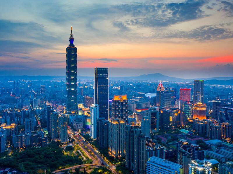 An aerial view of downtown Taiwan at sunset