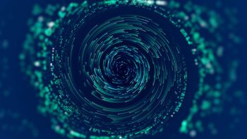 a graphic showing a bunch of little green lights forming a whirlpool-like swirl on a blue background