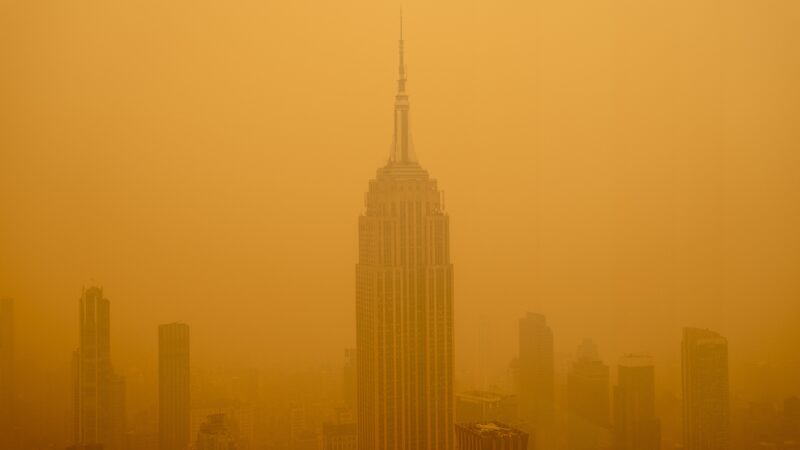Smoky haze from wildfires in Canada diminishes the visibility of the Empire State Building