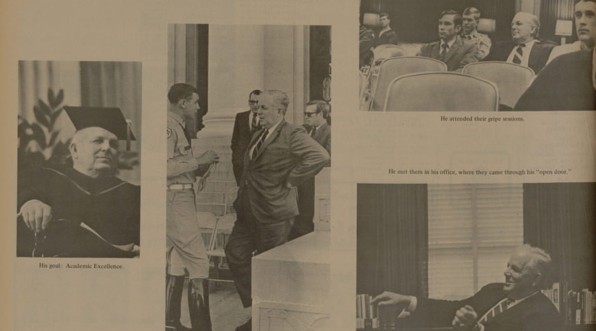 a newspaper photo collage showing james earl rudder interacting with students and sitting at his desk