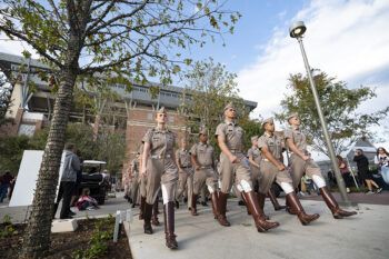 Corps of Cadets marching in Aggie Park in fall 2022