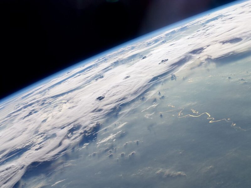 Ice clouds from thunderstorms over the Amazon Basin in an astronaut photograph taken from the International Space Station