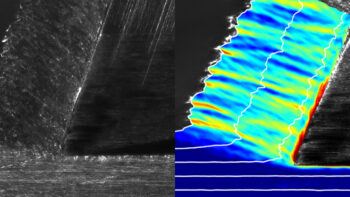This side-by-side photo shows how researchers can see different behaviors of metal when it is cut. As the gray knife the right of both photos scrapes a layer of the metal’s surface, a high-speed camera and computer program capture how the metal is being shaped.