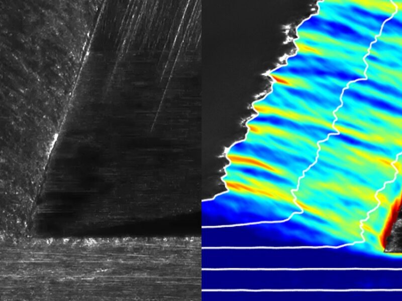 This side-by-side photo shows how researchers can see different behaviors of metal when it is cut. As the gray knife the right of both photos scrapes a layer of the metal’s surface, a high-speed camera and computer program capture how the metal is being shaped.