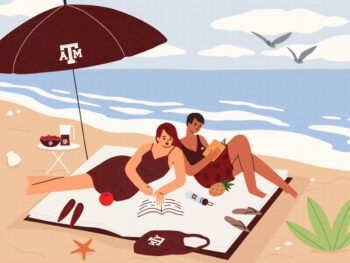 Artist's illustration of two women lounging on the beach reading