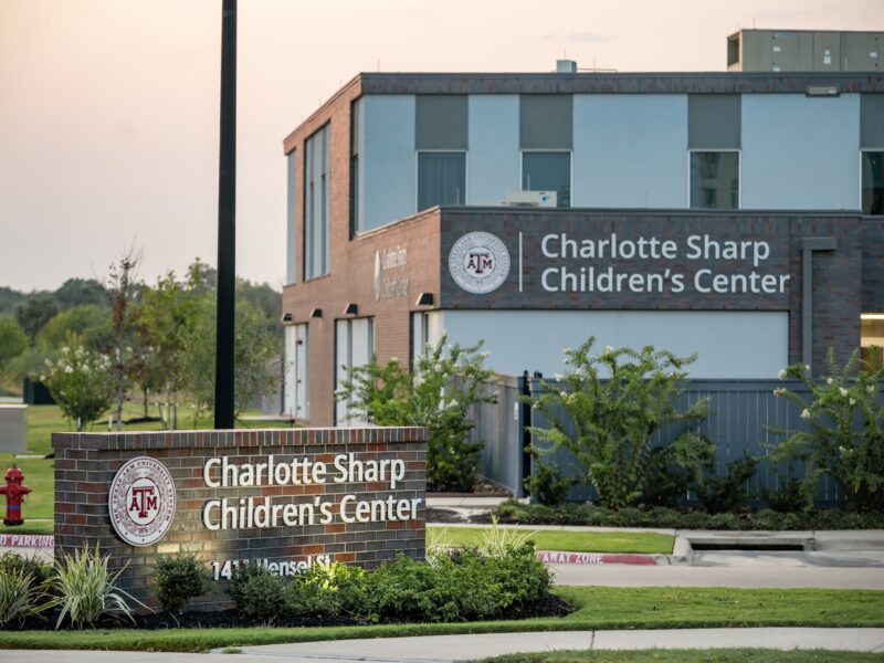 A photo of the outside of the Charlotte Sharp Children's Center in College Station.