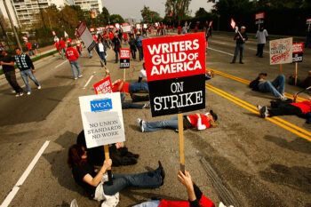 CENTURY CITY, CA - NOVEMBER 09: Hollywood writers lie down on Pico Boulevard as more than 3,000 movie and television writers and their supporters rally outside Fox Studios on the fifth day of their strike against the producers and studios that use them on November 9, 2007 in Century City, California. Television shows are increasingly being force to show re-runs as 12,000-member Writers Guild of America (WGA) strike for a greater share of new media revenue.