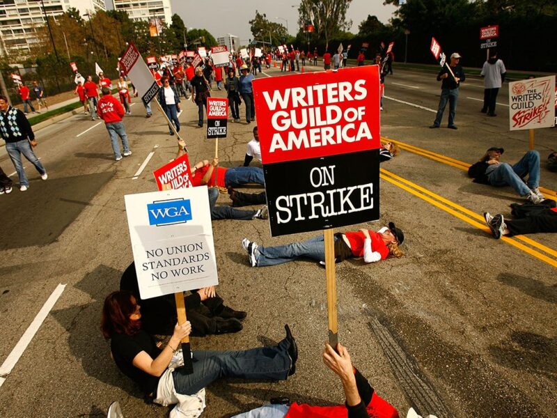 CENTURY CITY, CA - NOVEMBER 09: Hollywood writers lie down on Pico Boulevard as more than 3,000 movie and television writers and their supporters rally outside Fox Studios on the fifth day of their strike against the producers and studios that use them on November 9, 2007 in Century City, California. Television shows are increasingly being force to show re-runs as 12,000-member Writers Guild of America (WGA) strike for a greater share of new media revenue.