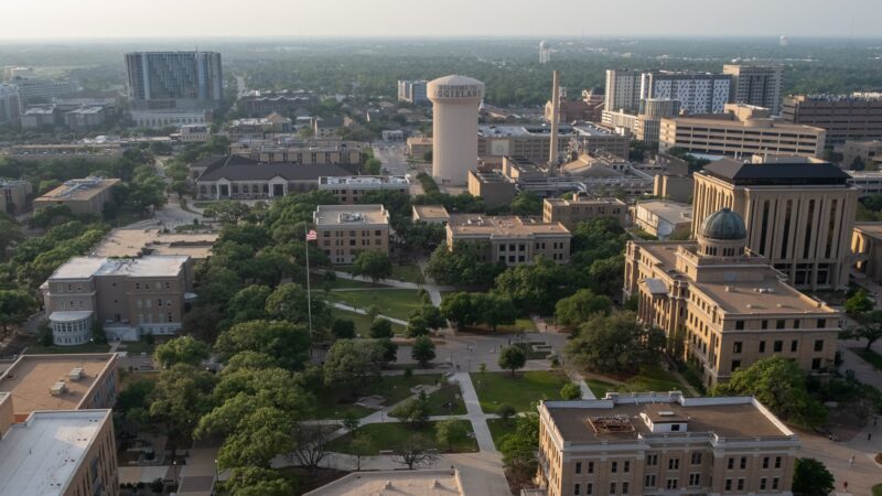 An aerial photo of the Texas A&M University campus.