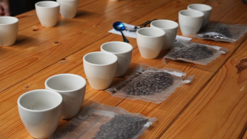 cups and coffee beans arranged on a table at the coffee center