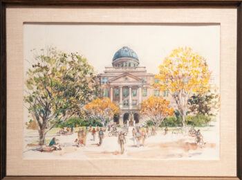 a painting of the Academic Building, painted in 1975 by Buck Schiwetz