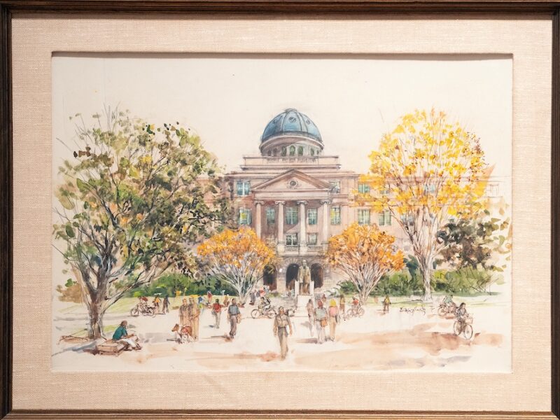 a painting of the Academic Building, painted in 1975 by Buck Schiwetz