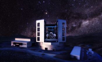 Artist's rendering of the Giant Magellan Telescope enclosure, telescope and site at Las Campanas Observatory in Chile.