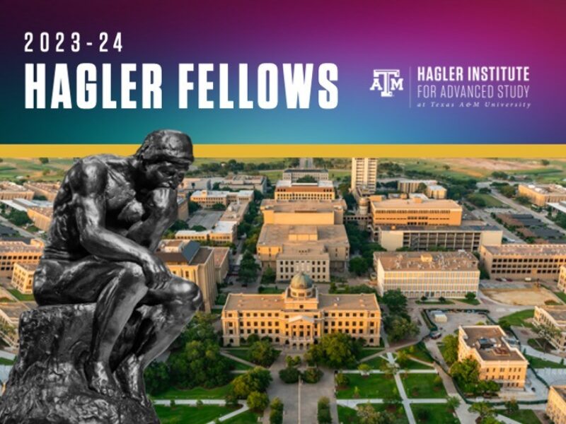 An illustration including an aerial photograph of the Texas A&M campus along with an image of The Thinker sculpture.