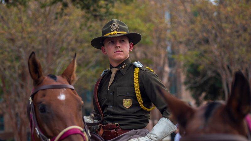 A photo of a Texas A&M student on horseback