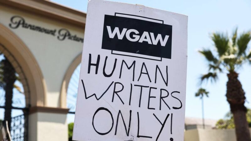 a sign used during the Hollywood writers strike in 2023. The sign reads 