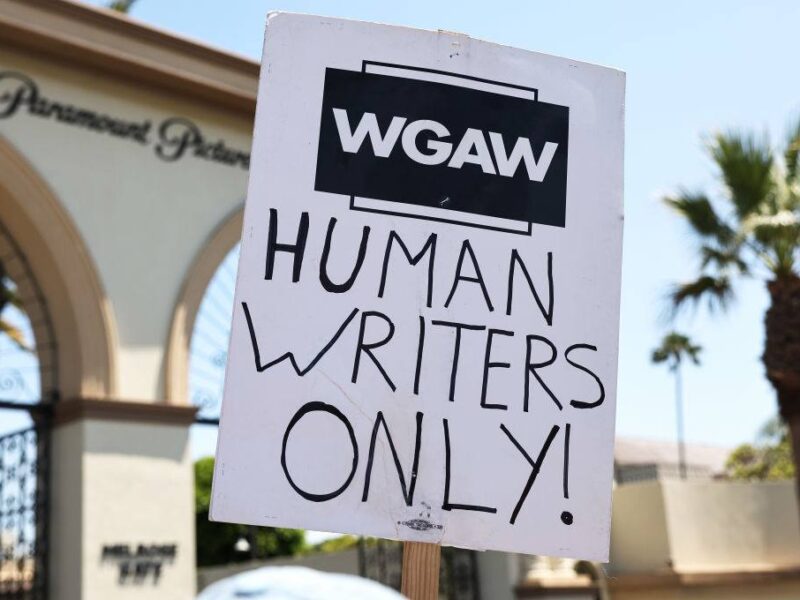 a sign used during the Hollywood writers strike in 2023. The sign reads 