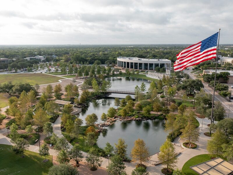 an aerial shot of Aggie Park