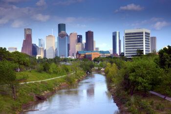Urban Buffalo Bayou Park offers downtown Houston a green oasis for recreation and beautiful views of the skyline.