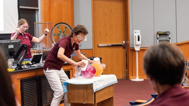 Texas A&M physicist Dr. Tatiana Erukhimova, executing another flawlessly inspiring performance of a customized Physics Show as part of the 2023 Mitchell Institute Physics Enhancement Program for high school physics teachers.