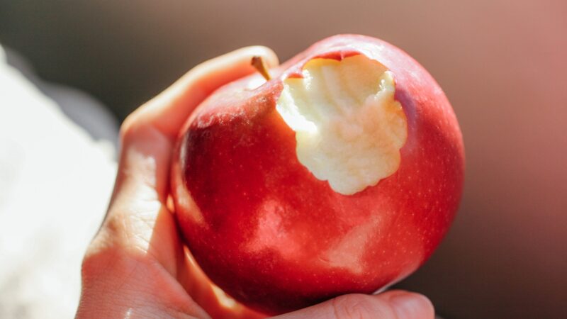 a hand holding a red apple with a bite taken out of it