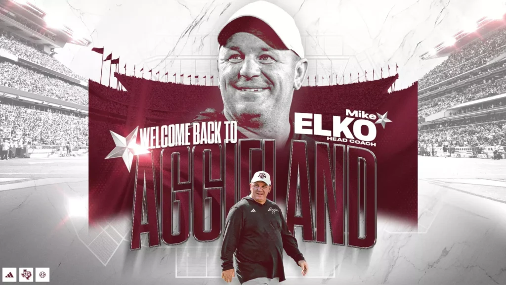 a maroon-and-gray graphic that reads "welcome back to Aggieland" and "Mike Elko, Head Coach" with two photos of Mike Elko on top of an image of Kyle Field