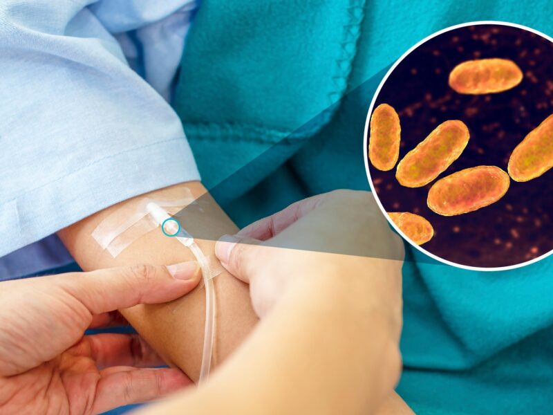 an image of a healthcare worker inserting a catheter into a patient's arm with a closeup image of bacteria