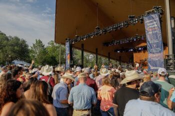 a photo of festivalgoers gathered around the main stage at Aggie Park