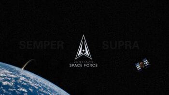 A graphic of the United States Space Force logo on a black background with an image of the Earth and a satellite.