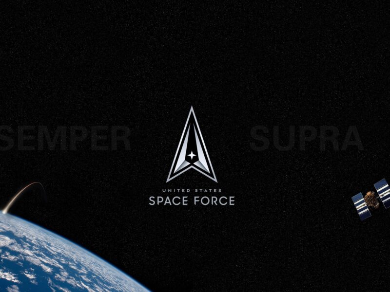 A graphic of the United States Space Force logo on a black background with an image of the Earth and a satellite.