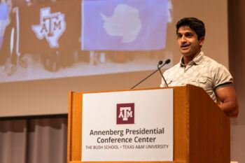 Akku Kumar presenting at the Perspectives from Antarctica event at the Annenberg Presidential Conference Center Dec. 11
